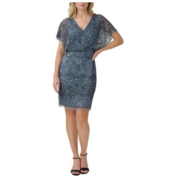 Adrianna Papell Beaded Mesh Blouson Sequin Embellishments Dress 0 Wedding Guest - Picture 3 of 13